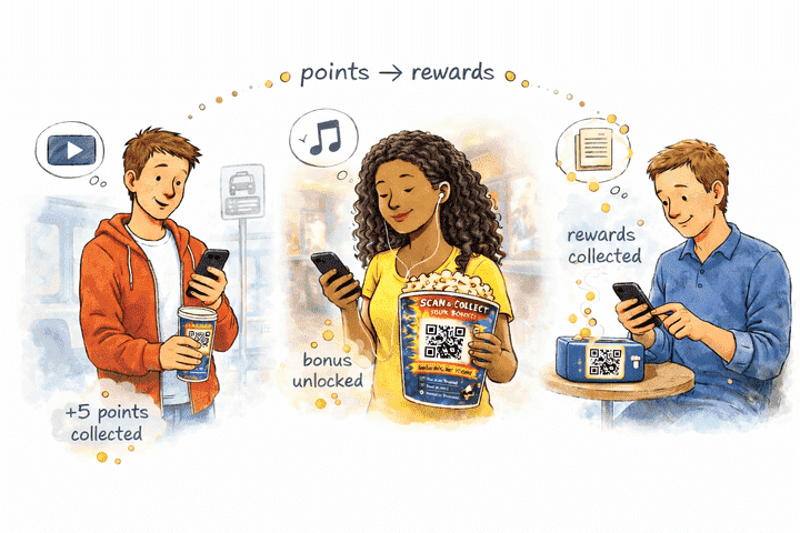 Illustration showing QRix rewards delivered after scanning