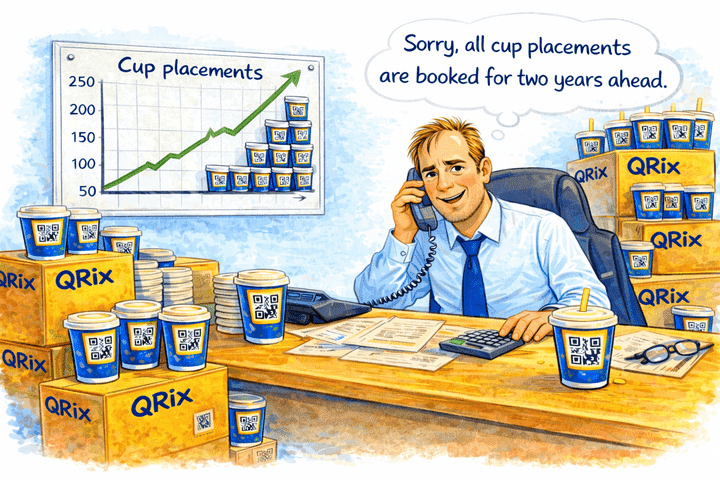 Illustration of cafés and stores benefiting from QRix packaging