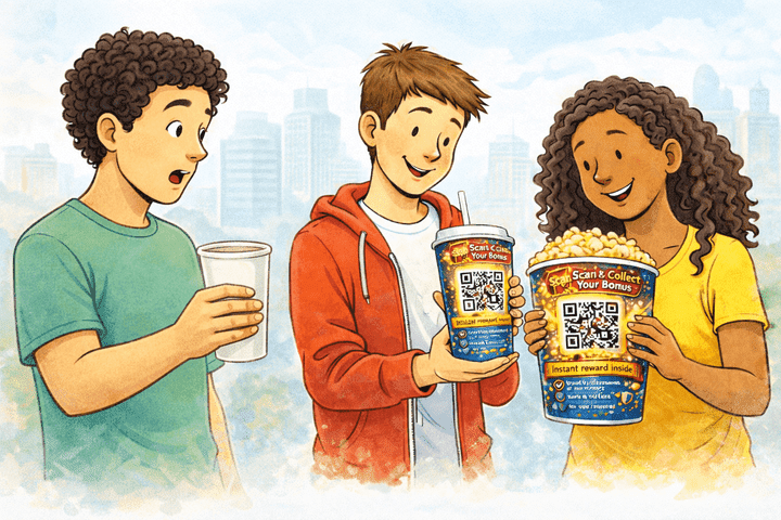 Illustration of QR-enabled cups, buckets, and packaging
