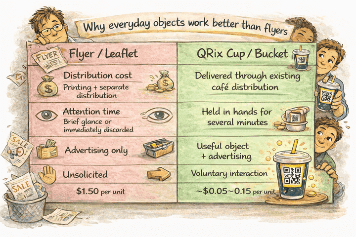 Illustration of QR-enabled cups, buckets, and packaging